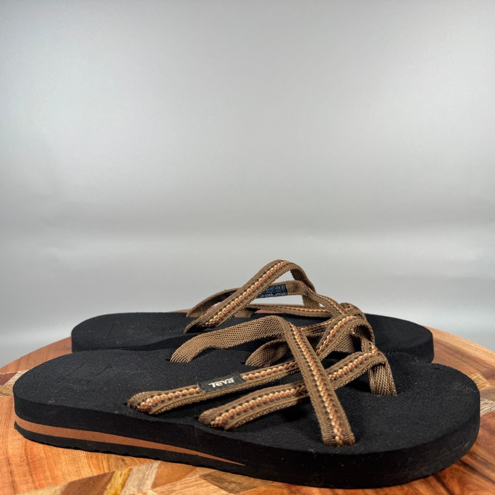 Teva Olowahu Strappy Mush Flip Flop Sandals Black Brown Geometric Women 6 6840